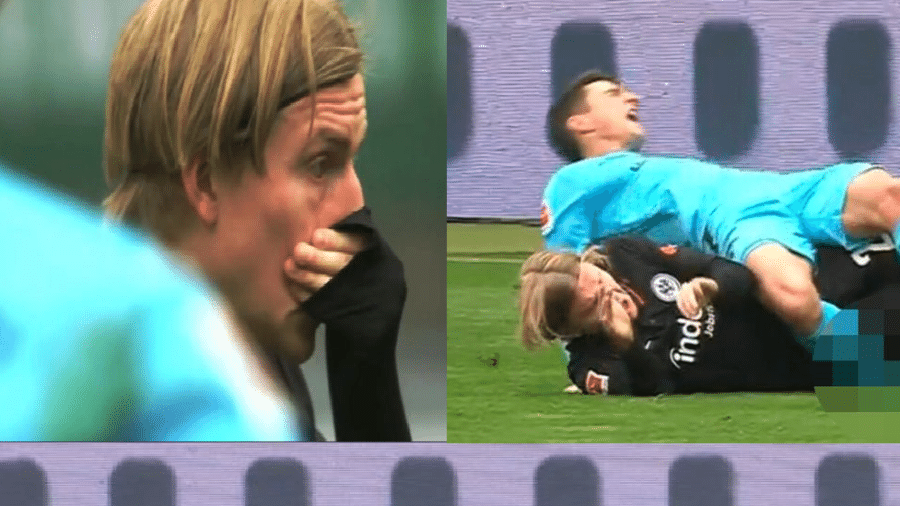 Jogador chora ao perceber que causou fratura exposta em adversário no Campeonato Alemão - Reprodução/Sky Sports