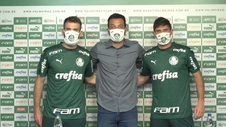 Alan Empereur, Edu Dracena e Benjamín Kuscevic, em apresentação no Palmeiras - Reprodução/TV Palmeiras