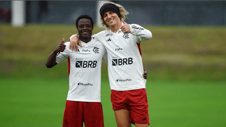 Shola e David Luiz durante treino do profissional do Flamengo