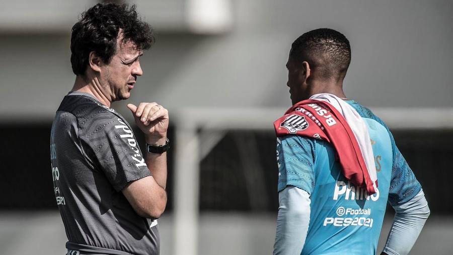 Fernando Diniz e Ângelo no treino do Santos FC no CT Rei Pelé (01/07/2021) - Ivan Storti/Santos FC