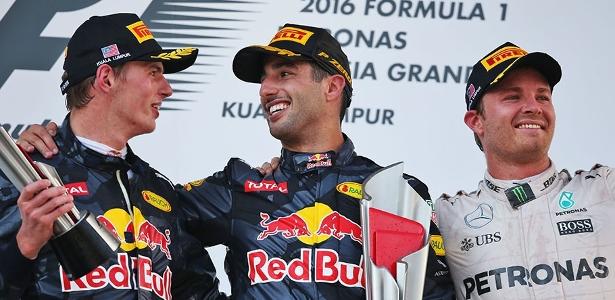 Daniel Ricciardo e Max Verstappen, da Red Bull, no pódio do GP da Malásia em 2016
