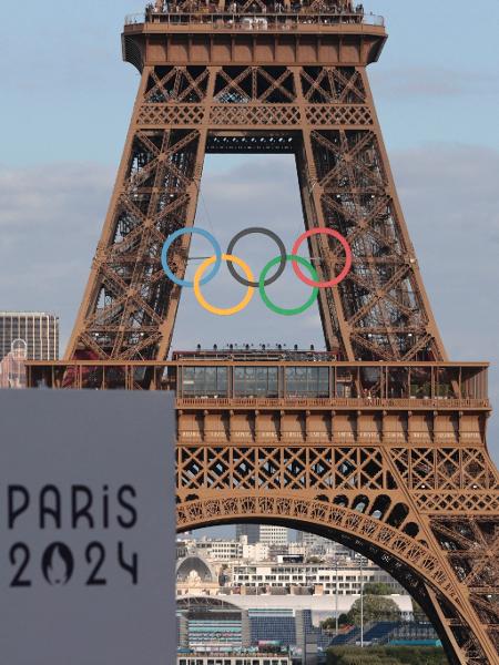 Torre Eiffel, em Paris, com símbolo das Olimpíadas