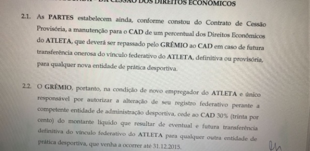 Trecho do contrato entre Grêmio e Diadema por Pedro Rocha - Reprodução - Reprodução