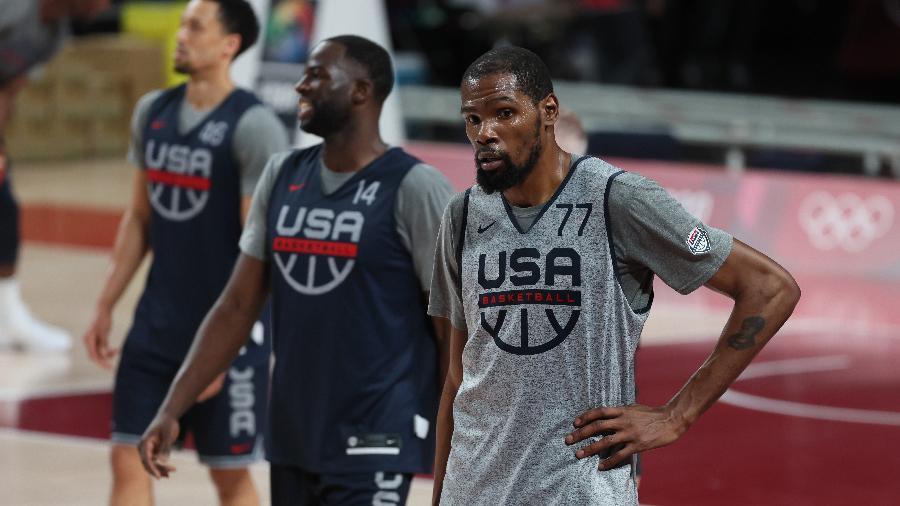 Kevin Durant em ação em treino do basquete dos EUA antes da estreia na Tóquio-2020 - Gregory Shamus/Getty Images