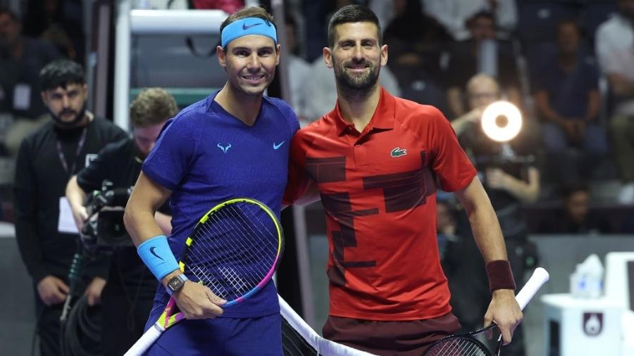 Rafael Nadal e Novak Djokovic no torneio Six Kings Slam, na Arábia Saudita, em 2024