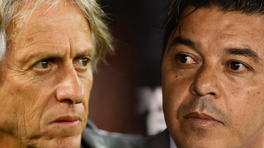 Jorge Jesus, técnico do Flamengo, e Marcelo Gallardo, do River Plate: duelo fora de campo - Amilcar Orfali/Getty Images