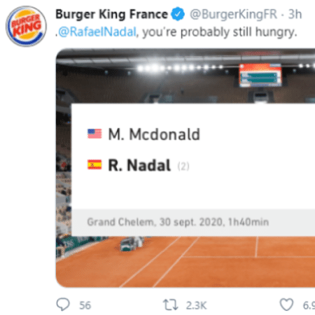 Perfil do Burger King fez brincadeira com nome de adversário de Rafael Nadal - Reprodução/Twitter