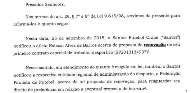 Trecho de ofício enviado pelo Santos à CBF sobre renovação de Robson Bambu - Reprodução - Reprodução