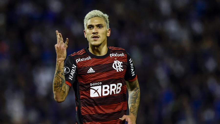 Pedro mostra à torcida do Vélez três dedos da mão em referência ao seu hat trick pelo Flamengo - Marcelo Cortes / Flamengo
