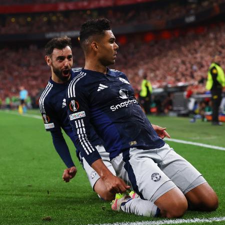 Casemiro comemora gol marcado pelo Manchester United contra o Athletic Bilbao na Liga Europa Casemiro comemora gol marcado pelo Manchester United contra o Athletic Bilbao na Liga Europa