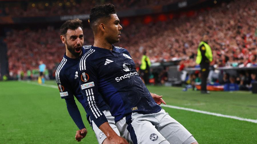 Casemiro comemora gol marcado pelo Manchester United contra o Athletic Bilbao na Liga Europa Casemiro comemora gol marcado pelo Manchester United contra o Athletic Bilbao na Liga Europa