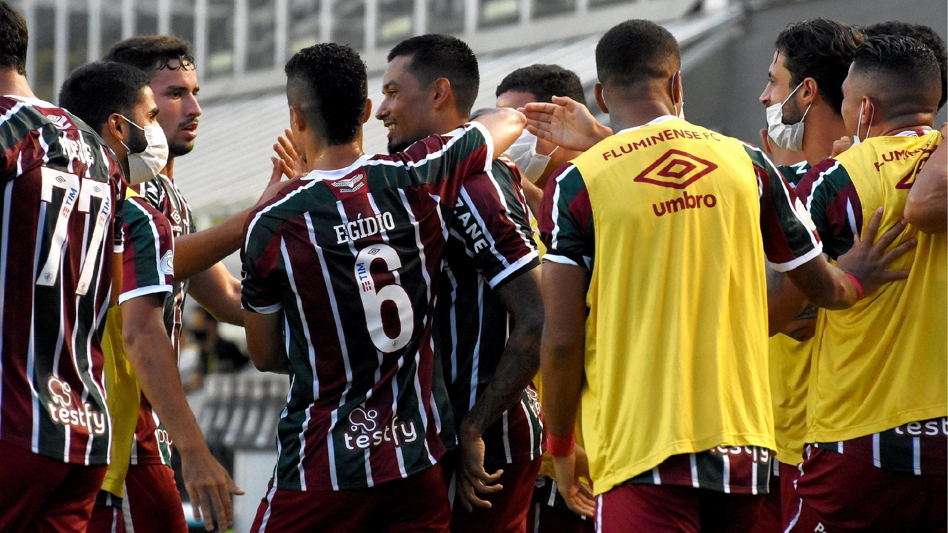 Jogadores do Fluminense comemoram gol marcado por Lucca, contra o Santos