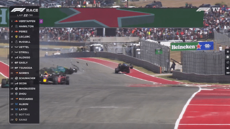 Fernando Alonso's car (Alpine) takes off after crashing into Lance Stroll during Formula 1 US GP - Reproduction/F1TV - Reproduction/F1TV