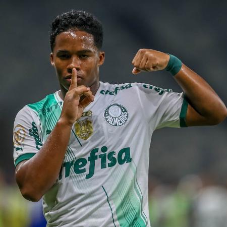 Endrick celebra gol do Palmeiras sobre o Cruzeiro em partida do Campeonato Brasileiro