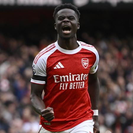 Saka, do Arsenal, comemora gol contra o West Ham pelo Campeonato Inglês Saka, do Arsenal, comemora gol contra o West Ham pelo Campeonato Inglês