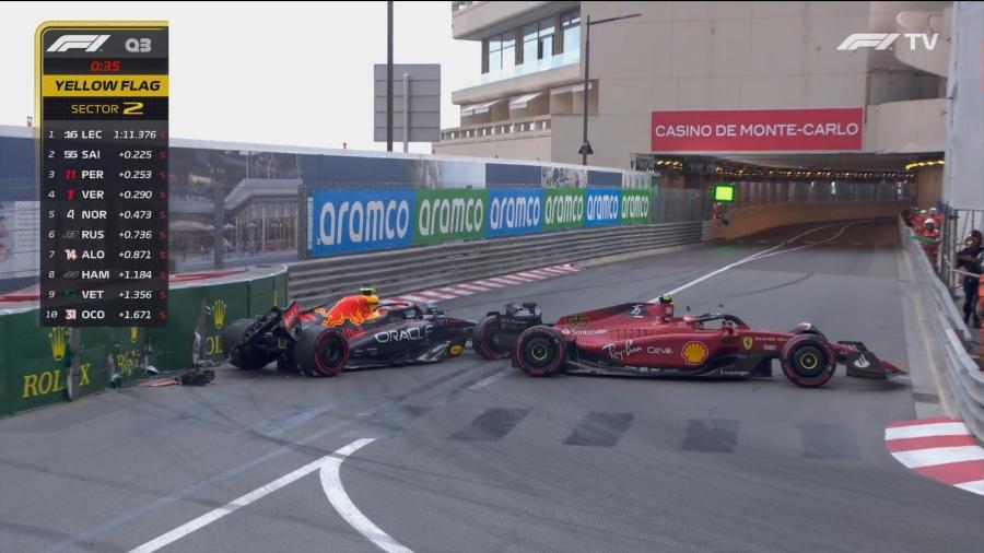 Batida de Sergio Pérez e Carlos Sainz na reta final do treino classificatório do GP de Mônaco - Reprodução/Fórmula 1