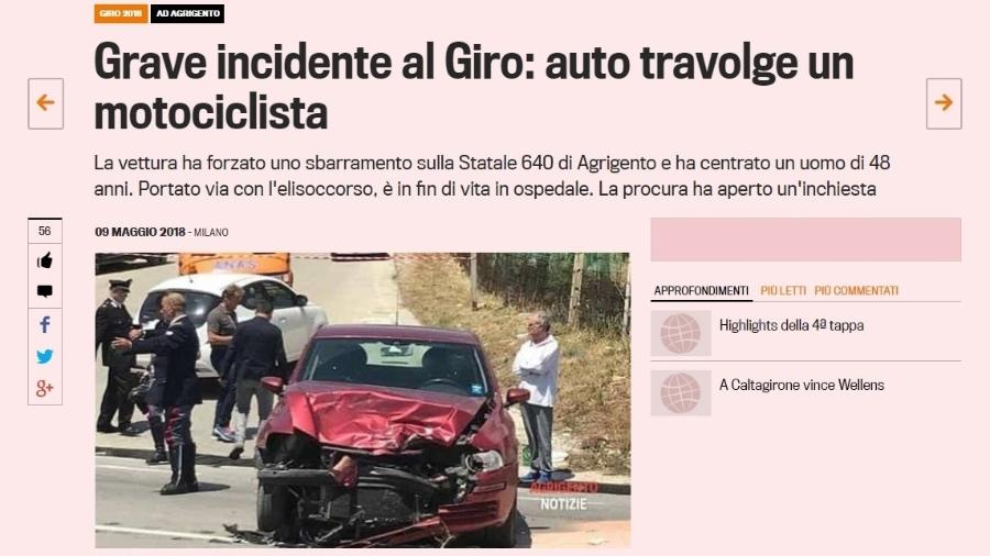 Carro invadiu barreira do Giro D"Italia e atingiu motociclista - Reprodução/Gazzetta dello Sport