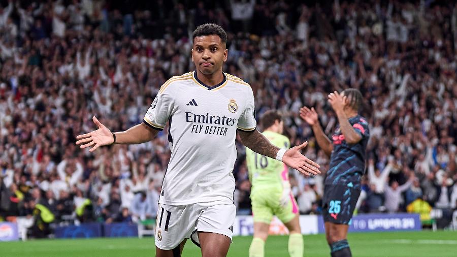 Rodrygo, do Real Madrid, comemora seu gol contra o Manchester City, nas quartas da Champions