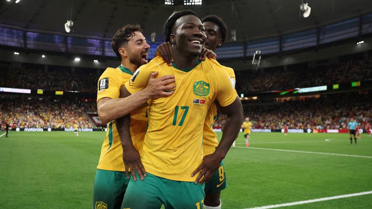 Irankunda, da Austrália, comemora gol contra a Turquia na Copa do Mundo Irankunda, da Austrália, comemora gol contra a Turquia na Copa do Mundo