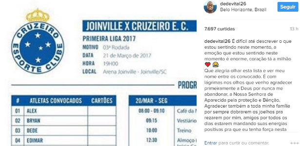 Zagueiro já garantiu que será a novidade de Mano nesta terça, às 19h, contra o Joinville - Reprodução/Instagram