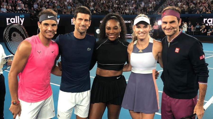 Rafael Nadal, Novak Djokovic, Serena Williams, Caroline Wozniacki e Roger Federer em partida beneficente  - Reprodução/Instagram