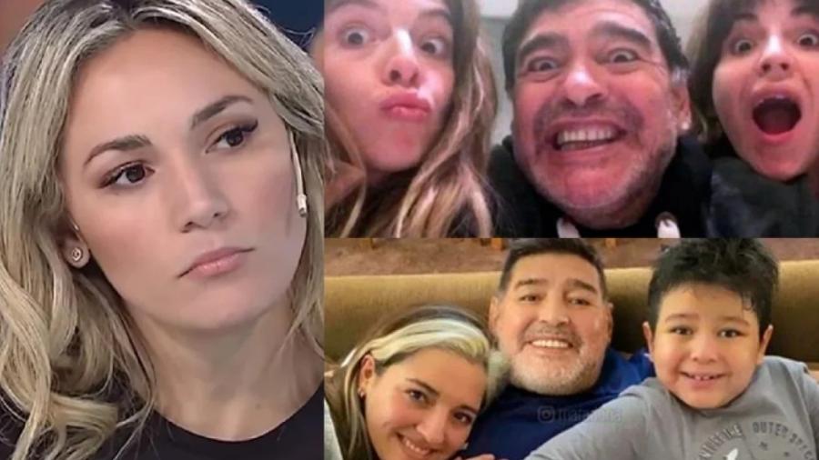 Última namorada de Maradona, Rocío Oliva, e o ex-jogador com as filhas Dalma e Gianinna (acima) e Jana e Dieguito (abaixo) - Reprodução América TV