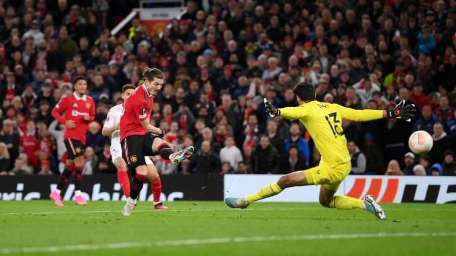 Sabitzer fez os dois gols do empate do Manchester United contra o Sevilla, pela Liga Europa - Shaun Botterill/Getty Images