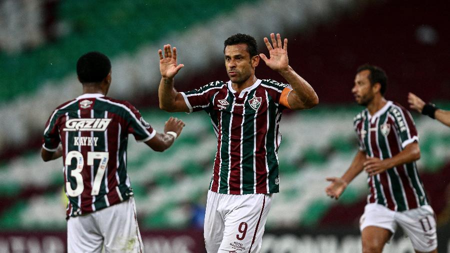 Fred comemora com Kayky gol do Fluminense contra o Independiente Santa Fe pela Libertadores - Lucas Merçon/Fluminense FC