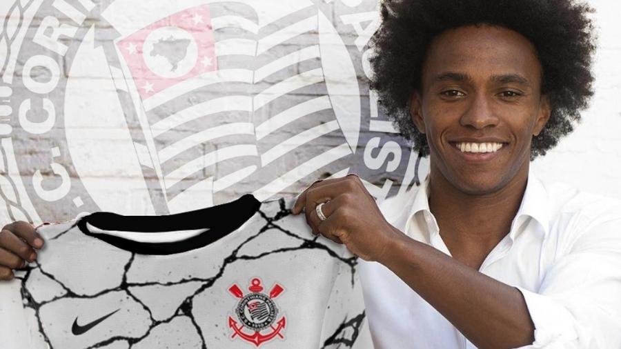 Willian segura a camisa do Corinthians após retornar ao clube - Reprodução/Meu Timão