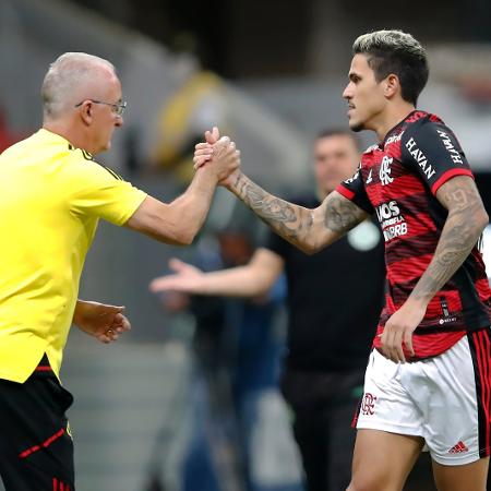 Dorival Júnior cumprimenta Pedro durante Flamengo x Juventude, jogo do Campeonato Brasileiro