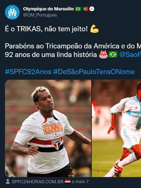 Publicação do Olympique de Marselha sobre o aniversãrio do São Paulo FC usa termo "Trikas" - Reprodução/Twitter