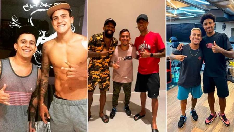 Pedro, Rodinei, Bruno Henrique e Vitinho com Charles Barros no estúdio de tatuagem - Montagem/LANCE!