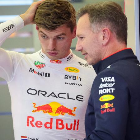 Max Verstappen conversa com o ex-chefe da Red Bull, Christian Horner Max Verstappen conversa com o ex-chefe da Red Bull, Christian Horner