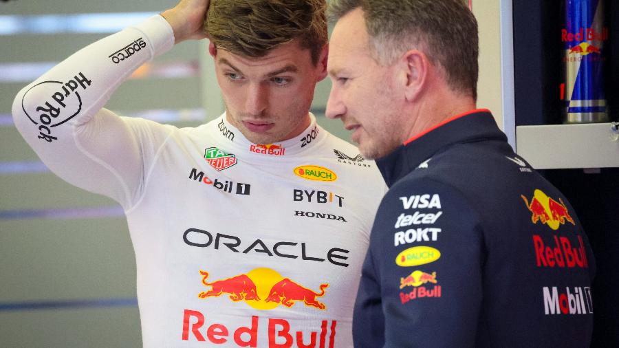 Max Verstappen conversa com o chefe da Red Bull, Christian Horner