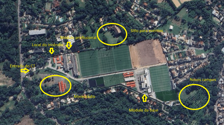 Imagem aérea do Ninho do Urubu, CT do Flamengo, tirada em junho de 2023
