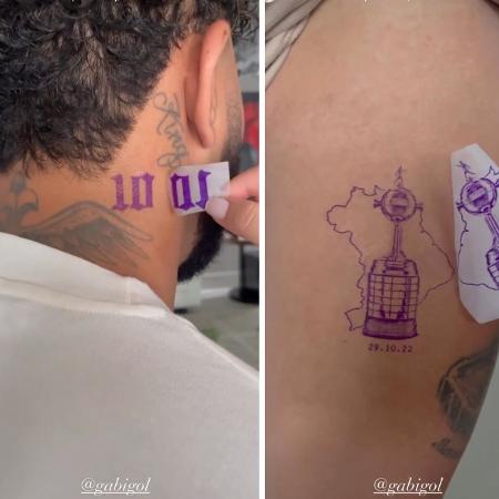 Gabigol tatuou o número 10 no pescoço e o troféu da Libertadores, com a data do tri, na perna  - Reprodução / Instagram