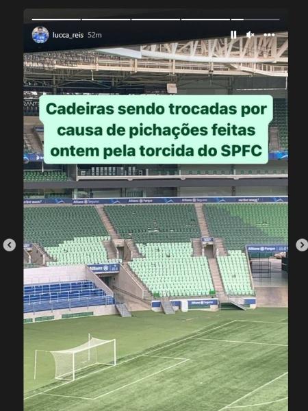 Filho do ex-goleiro Marcos fez postagem sobre troca de cadeiras no Allianz Parque após atuação do São Paulo no local - Reprodução/Instagram