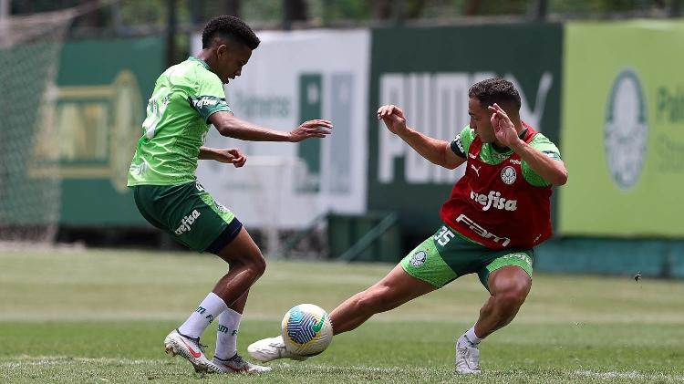 Estêvão e Fabinho durante treino do Palmeiras nesta quinta-feira (21) na Academia de Futebol