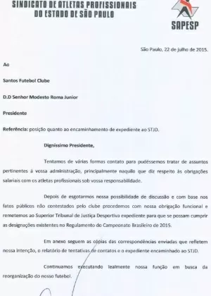 Ofício do Sindicato dos Atletas ao Santos - Reprodução - Reprodução