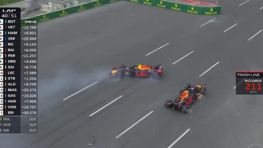 Ricciardo toca em Verstappen e os dois pilotos da Red Bull abandonam o GP do Azerbaijão em 2018 - Reprodução/TV Globo