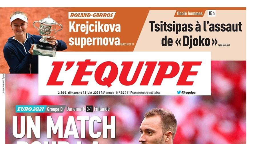 Capa do jornal L´Equipe, da França, diz que Eriksen travou "jogo pela vida" - Reprodução