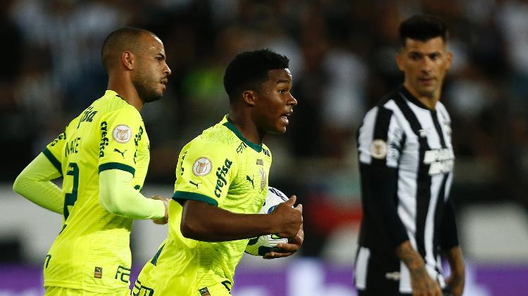 Endrick comemora gol em Botafogo x Palmeiras, duelo do Campeonato Brasileiro