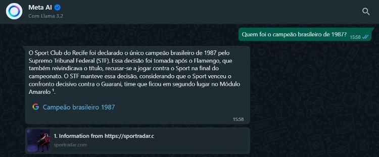 IA da Meta diz que Sport é o campeão brasileiro de 1987