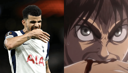 Solanke comemora gol com referência a Eren Yeager, do anime Attack on Titan