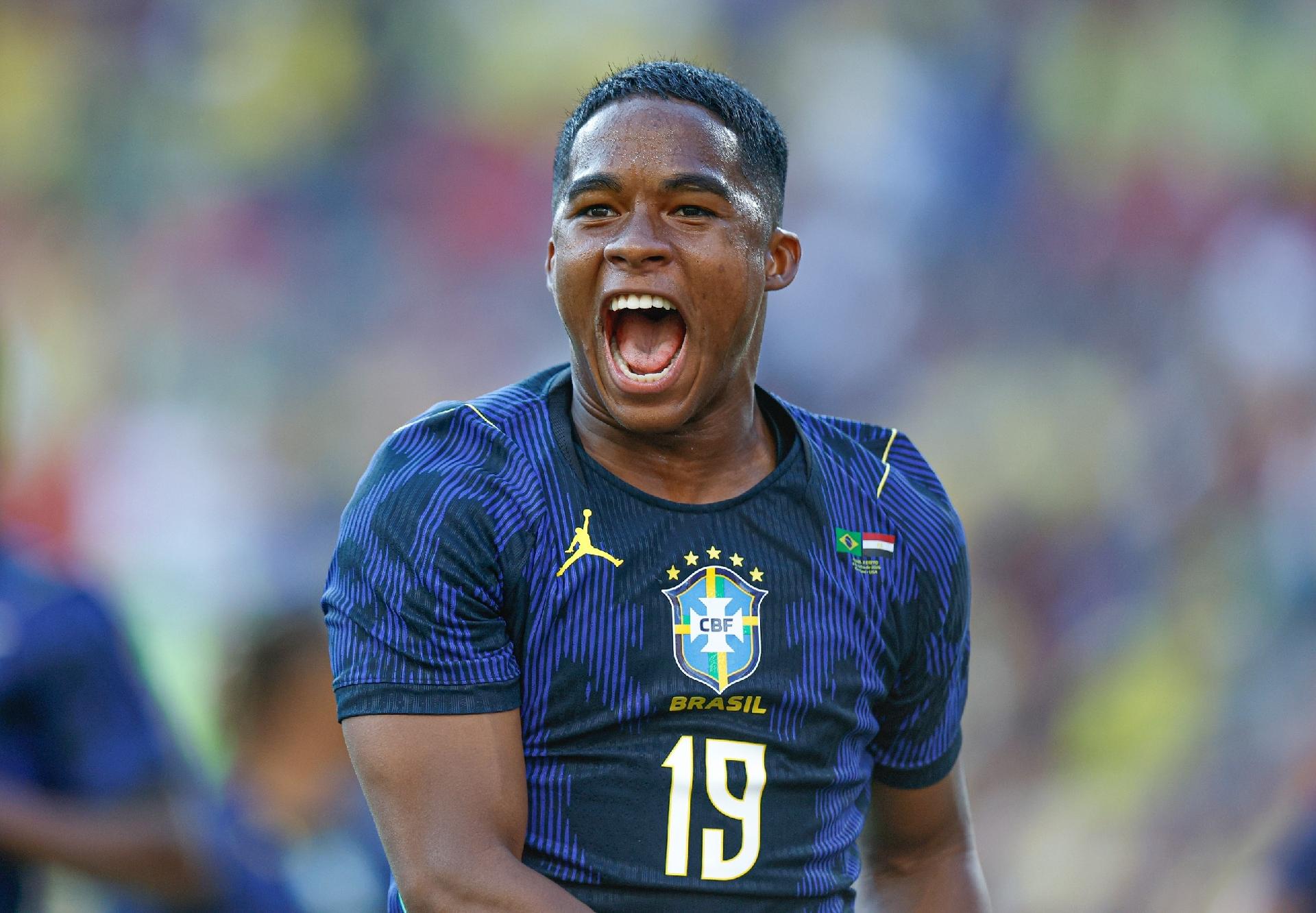  Endrick comemora gol da seleção brasileira contra o Egito em Cleveland (EUA) - undefined