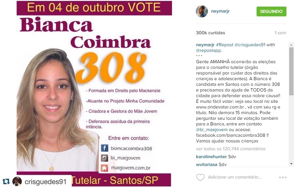 Neymar republica "santinho" da candidatura de Bianca Coimbra ao conselho tutelar de Santos