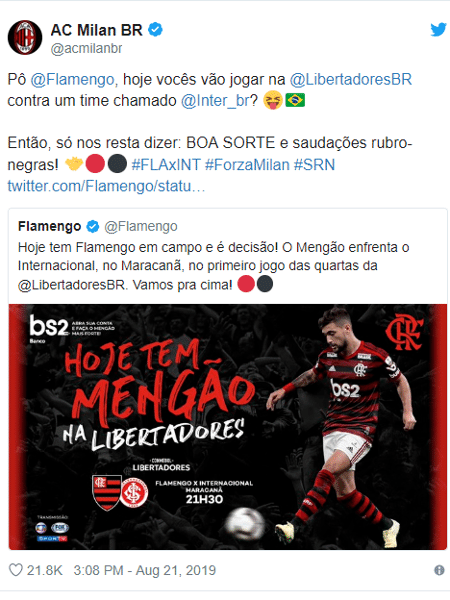 Milan desejou sorte ao Flamengo no Twitter - Reprodução/Twitter
