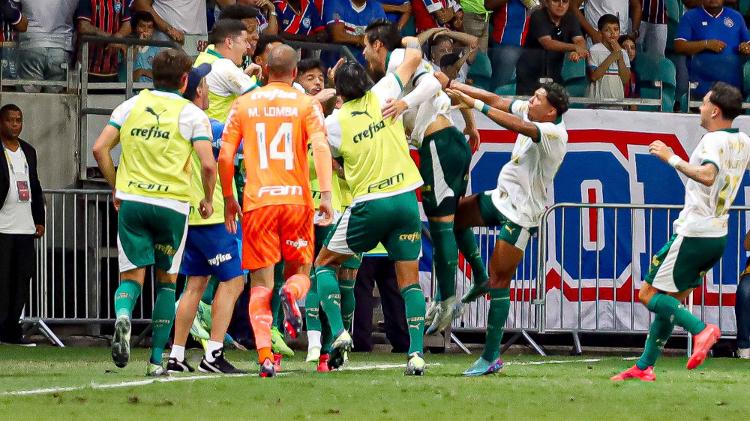 Jogadores do Palmeiras comemoram gol marcado contra o Bahia pelo Brasileirão