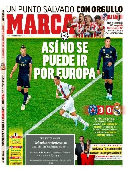 Capa do jornal Marca, da Espanha, sobre a derrota do Real Madrid para o PSG - Reprodução