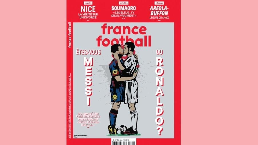 Ilustração de Lionel Messi e Cristiano Ronaldo se beijando estampa capa da France Football - Reprodução/France Football